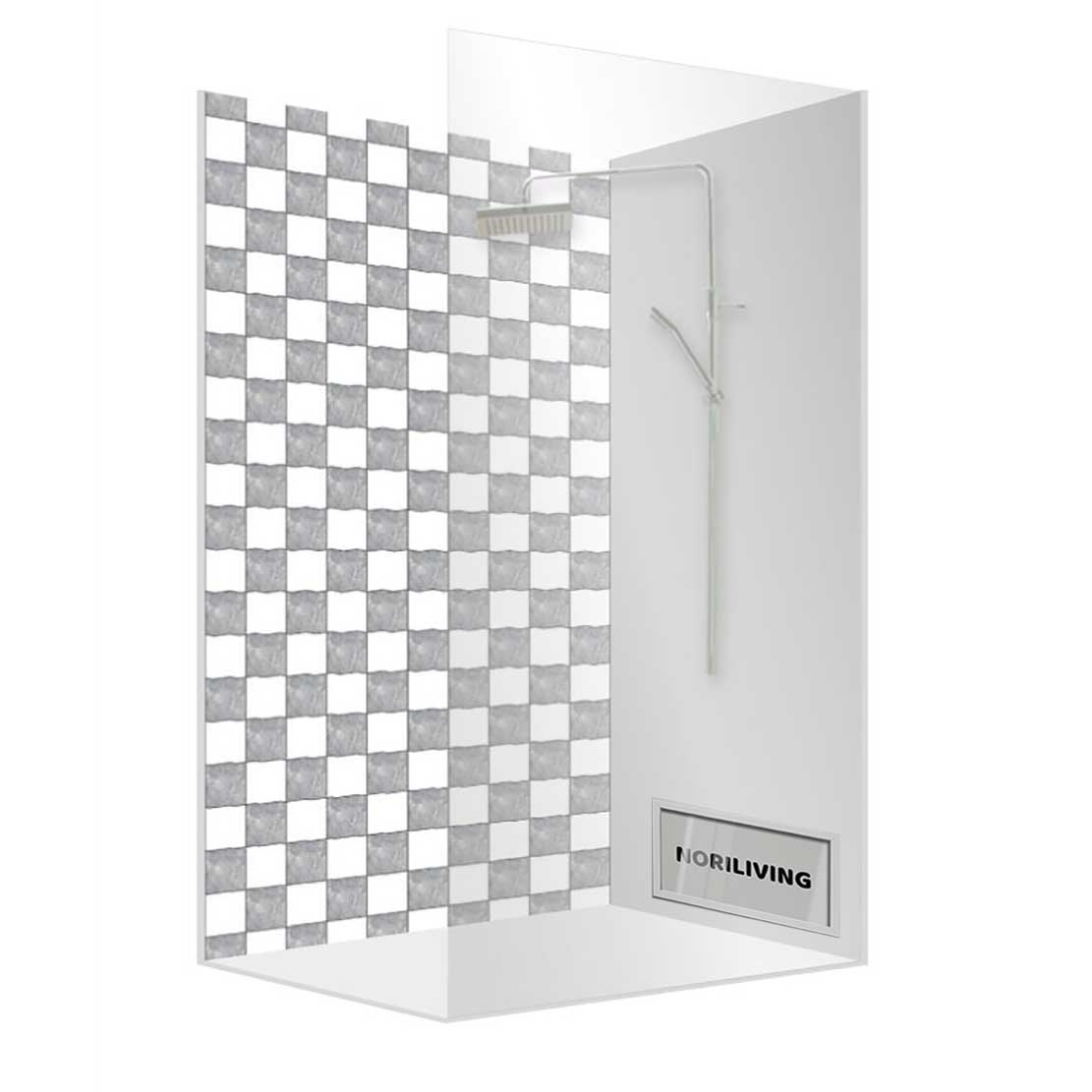 Moderne Dusche mit quadratischem Schachbrettmuster Eckdusche mit elegantem quadratischem Schachbrettmuster und Regaleinsatz in weißem Bad
