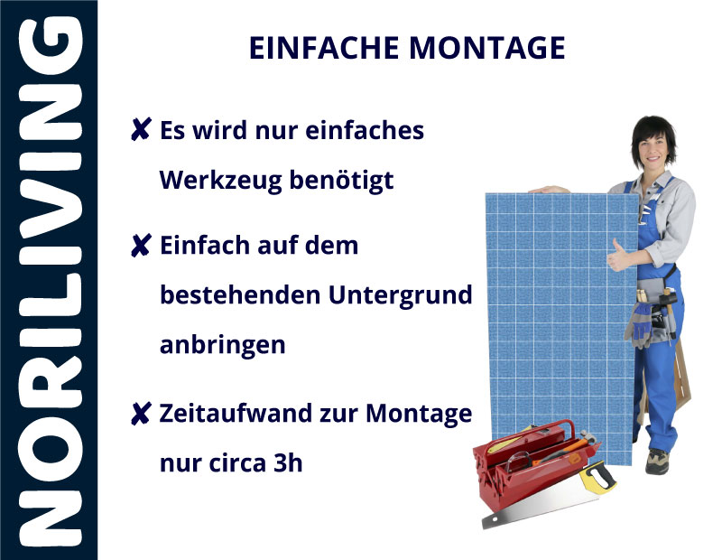 NORILIVING Einfache Montage - Praktische Heimwerkerlösungen Person in Arbeitskleidung hält eine Platte mit Werkzeugen, präsentiert die einfache Montage von NORILIVING-Produkten.