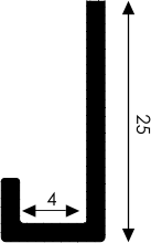 Technische Zeichnung eines rechtwinkligen Winkels mit Bemaßung Technische Zeichnung eines rechtwinkligen Winkels, Bemaßung: Vertikal 25 Einheiten, Horizontal 4 Einheiten