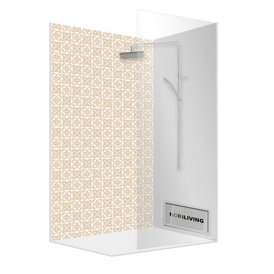 Moderne Duschabtrennung mit elegantem Fliesenmuster Duschabtrennung mit stilvollem Fliesenmuster und Markenlogo von Noriliving