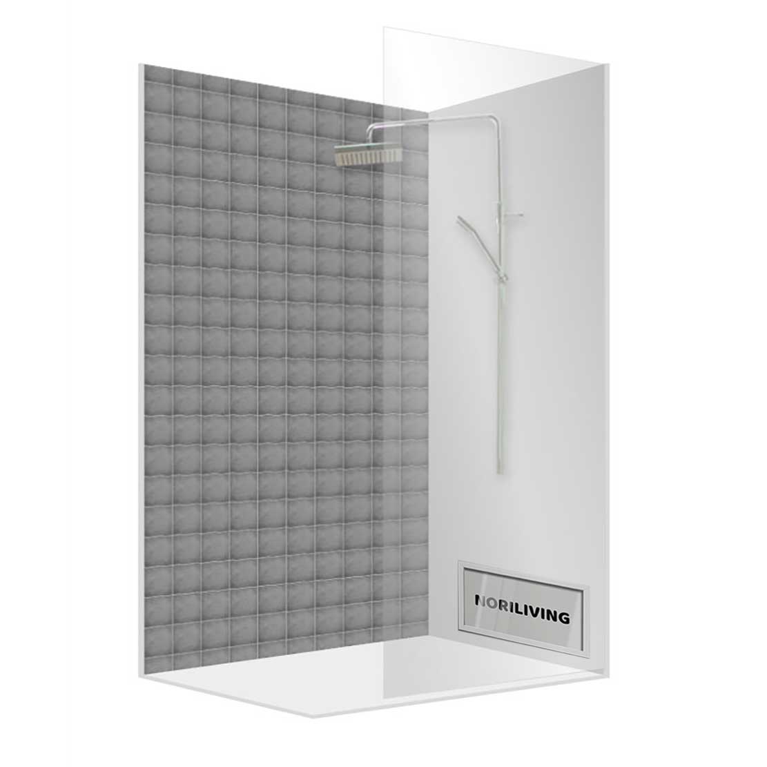 Moderne Duschwand mit grauen Fliesen und Regendusche Duschwand mit grauen Kachelfliesen und integrierter Regendusche in minimalistischer Gestaltung