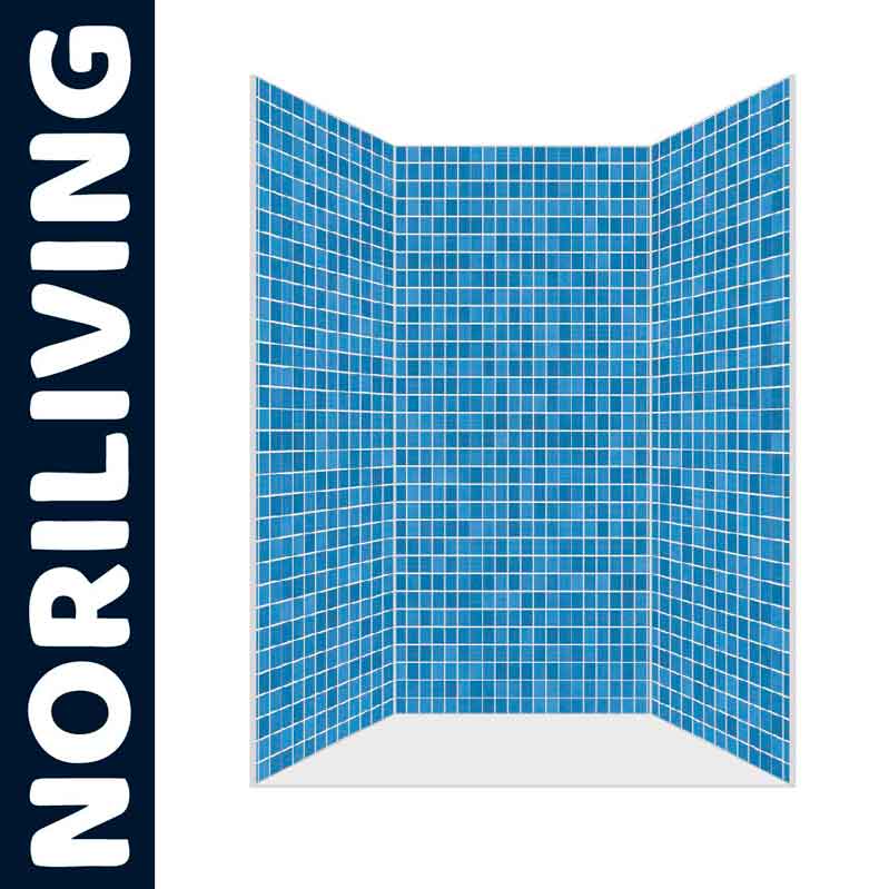 Blaue Mosaik-Duschabtrennung von Noriliving Mosaik-Duschabtrennung in Blau mit Noriliving-Logo