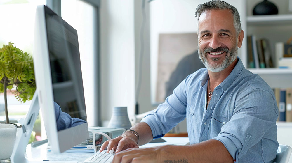 Lächelnder Mann sitzt am Schreibtisch mit Computer Ein lächelnder Mann in einem blauen Hemd sitzt an einem Schreibtisch und arbeitet an einem Computer, umgeben von Pflanzen und Büchern.
