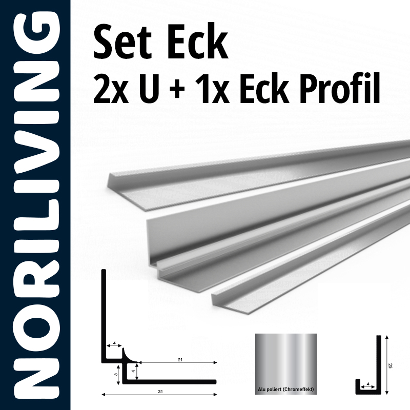 NoriLiving Set Eck: 2x U-Profil und 1x Eckprofil aus poliertem Aluminium Ein Set von NoriLiving bestehend aus zwei U-Profilen und einem Eckprofil aus poliertem Aluminium mit Chrom-Effekt, illustriert mit technischen Zeichnungen und Maßen.