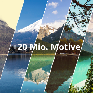 Vielfältige Landschaftsmotive für Ihre Dekoration Collage mit verschiedenen Landschaftsmotiven, darunter Berge, Wälder und Seen, mit dem Text '+20 Mio. Motive' in der Mitte
