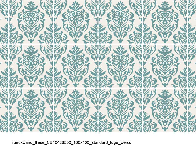 Dekorative Rückwandfliesen im klassischen Musterdesign Nahaufnahme von stilvollen Rückwandfliesen mit symmetrischem, blauem Muster auf weißem Hintergrund, ideal für elegante Wohnräume oder Küchen.