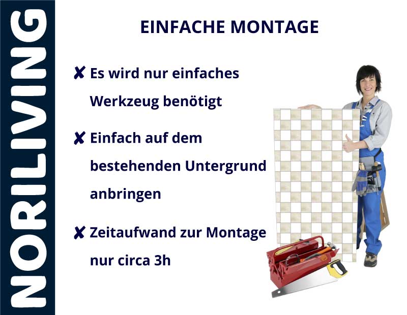 Einfacher Aufbau mit wenigen Werkzeugen in 3 Stunden Werbung für NORILIVING mit einfacher Montageanleitung und Werkzeugabbildung
