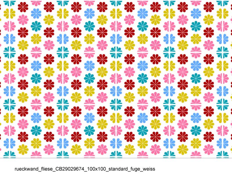 Dekorative Rückwandfliesen mit buntem Blumenmuster, 100x100 cm, Fugen in Weiß Nahaufnahme von dekorativen Rückwandfliesen mit buntem Blumenmuster und weißen Fugen, geeignet für Küchen oder Bäder.