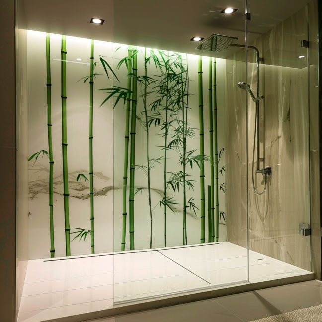 Ebenerdige Dusche mit gläserner Trennwand und dekorativer Wandverkleidung mit Bambus-Design in modernem Badezimmer