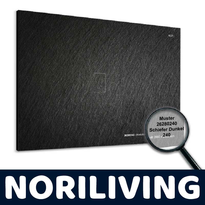 Noriliving Musterplatte 26280240 in Schiefer Dunkel, 2860 x 240mm Nahansicht einer Noriliving Musterplatte in Schiefer Dunkel mit der Bezeichnung 26280240 und den Maßen 2860 x 240mm.