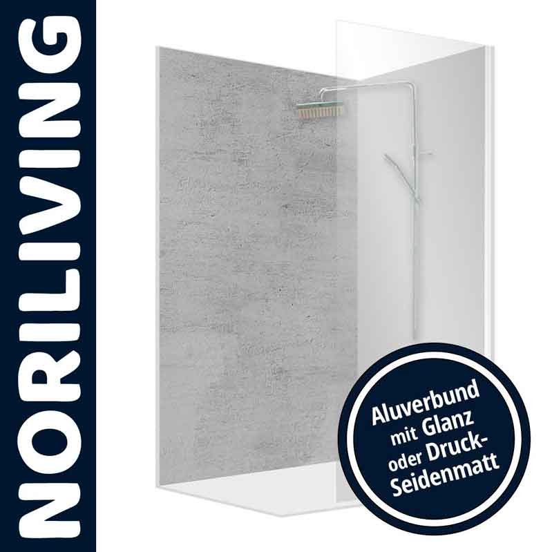 Noriliving Duschtrennwand aus Aluverbund, Glanz oder Druck-Seidenmatt Duschtrennwand von Noriliving mit Aluverbund, in Glanz oder Druck-Seidenmatt erhältlich