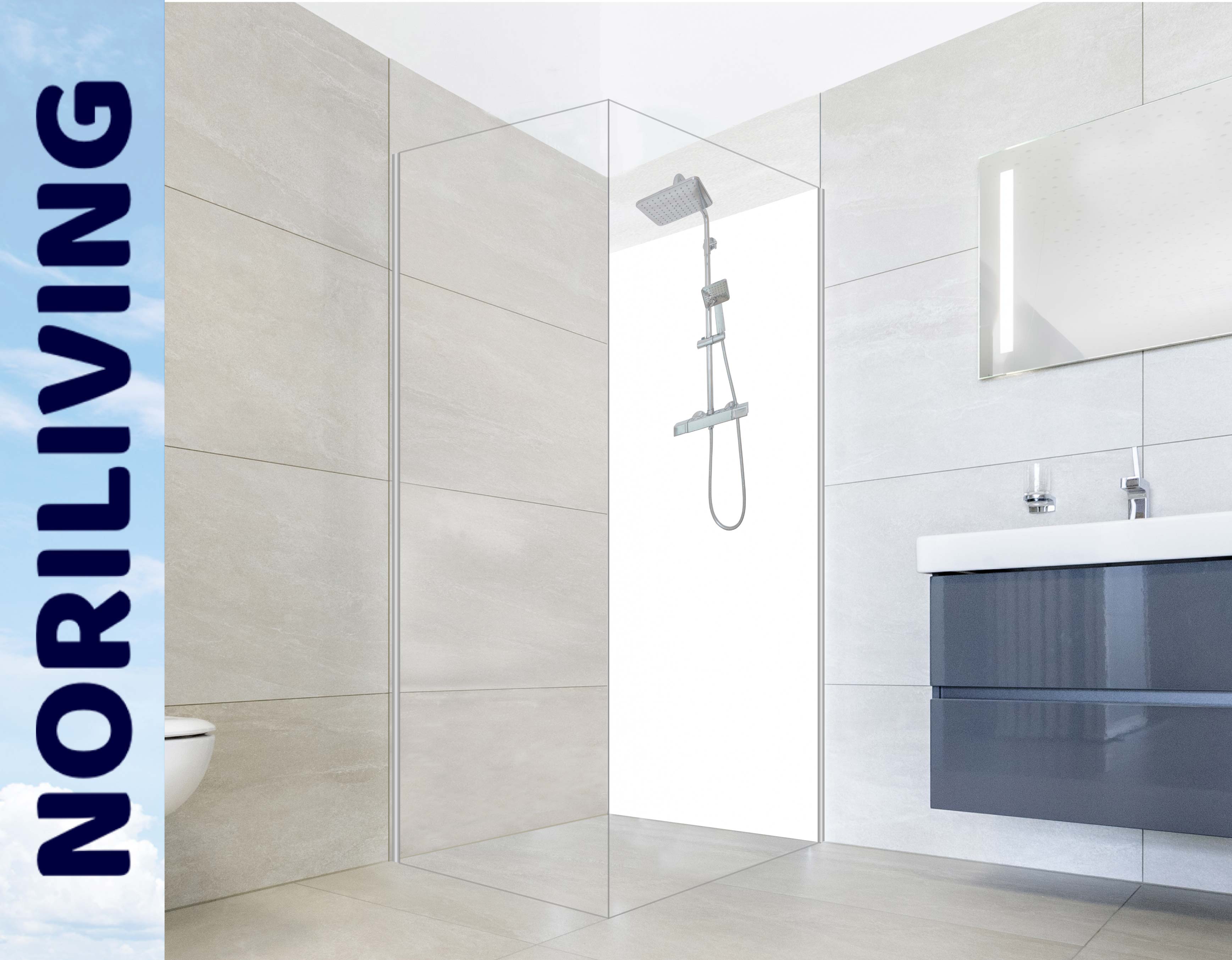 Moderne Duschkabine mit Glaswand und Regendusche von Noriliving Elegantes Badezimmer mit hochwertiger Noriliving Duschkabine, Glaswand und moderner Sanitärausstattung