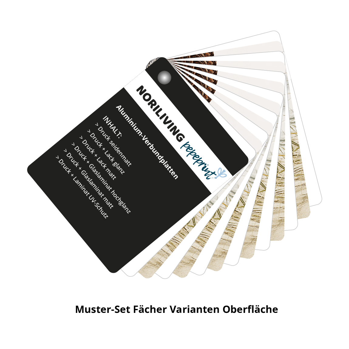 Muster-Set Fächer für Aluminium-Verbundplatten Oberflächenvarianten Fächer mit verschiedenen Oberflächenmustern von Aluminium-Verbundplatten, einschließlich Druck seidenmatt und Glanzoptionen.