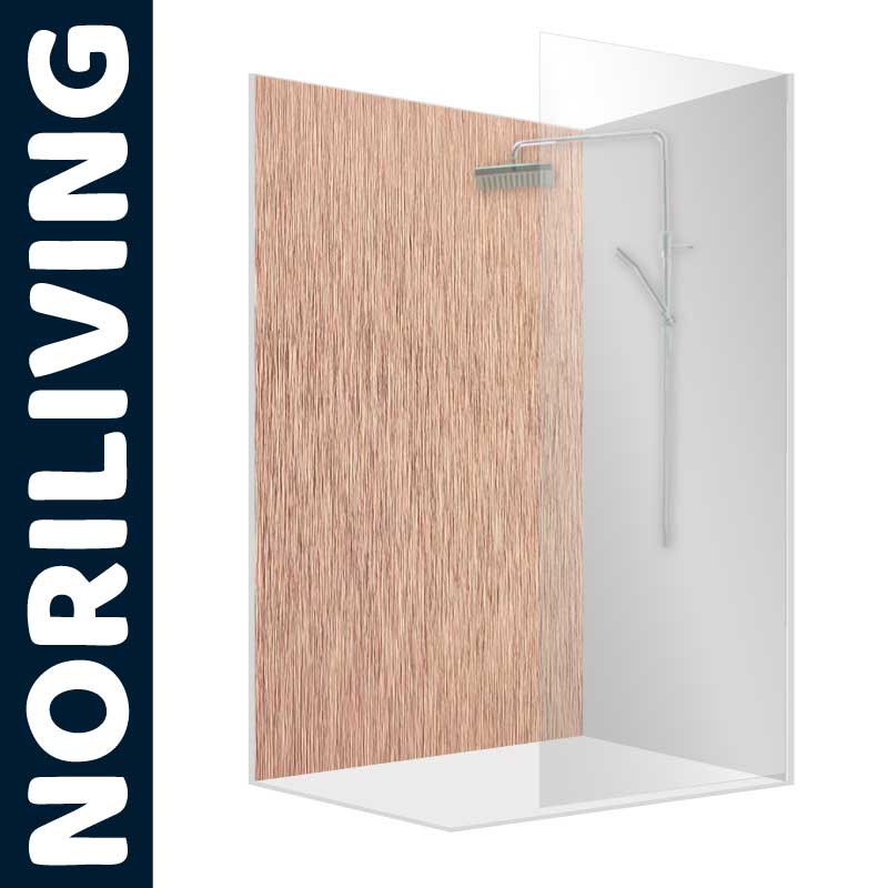 Elegante Duschwand von NORILIVING mit Holzoptik Duschwand von NORILIVING in Holzoptik mit moderner Brausegarnitur