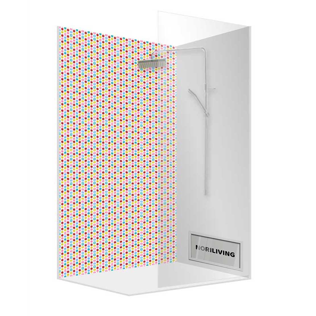 Bunte Duschkabine mit Mosaikdesign und Klarglaswänden Duschkabine mit farbenfroher Mosaikwand und klaren Glaswänden von NORLIVING