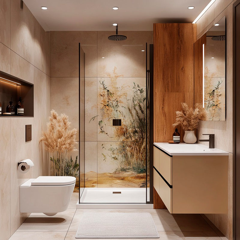 Modernes Badezimmerdesign mit Naturmotiven und minimalistischer Ausstattung Stilvolles Badezimmer mit Glasdusche, Holzelementen und Naturdekorationen