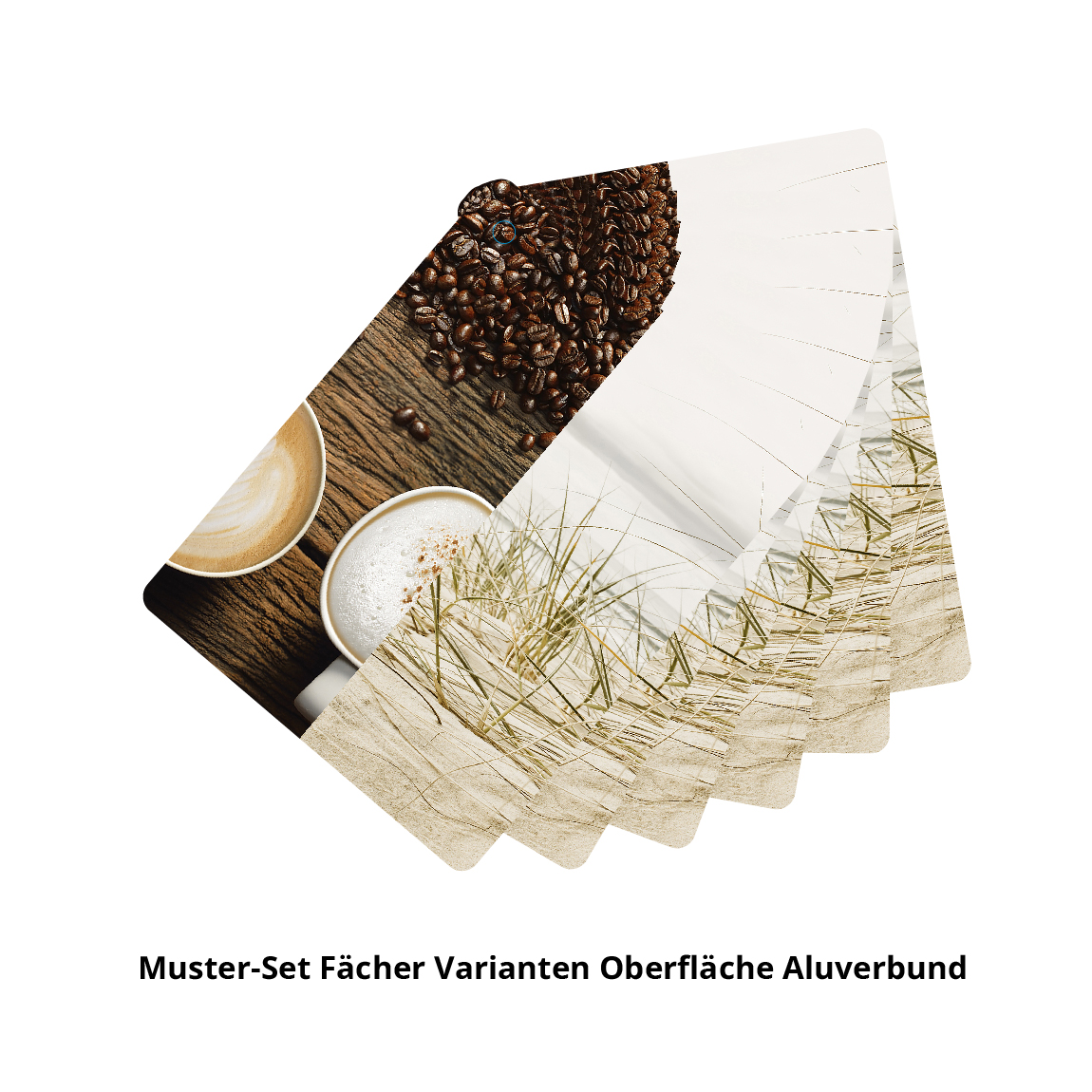 Muster-Set Fächer mit Aluverbund-Oberflächenvarianten Ein Fächer aus Musterkarten mit verschiedenen Aluverbund-Oberflächen, darunter Kaffeebohnen und Strandmotive