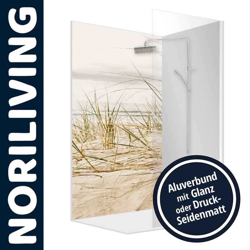 Duschwandbild mit Dünenmotiv, Noriliving Aluverbund Duschwand mit Dünenmotiv aus Aluverbund, erhältlich in Glanz oder Druck-Seidenmatt