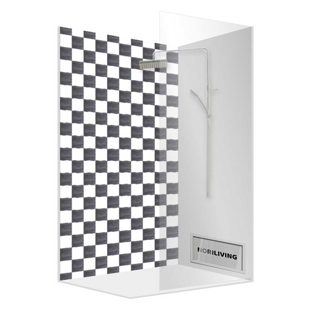 Moderne Duschkabine mit schwarz-weißem Schachbrettmuster Duschkabine mit auffälligem schwarz-weißem Schachbrettmuster und Duschkopf