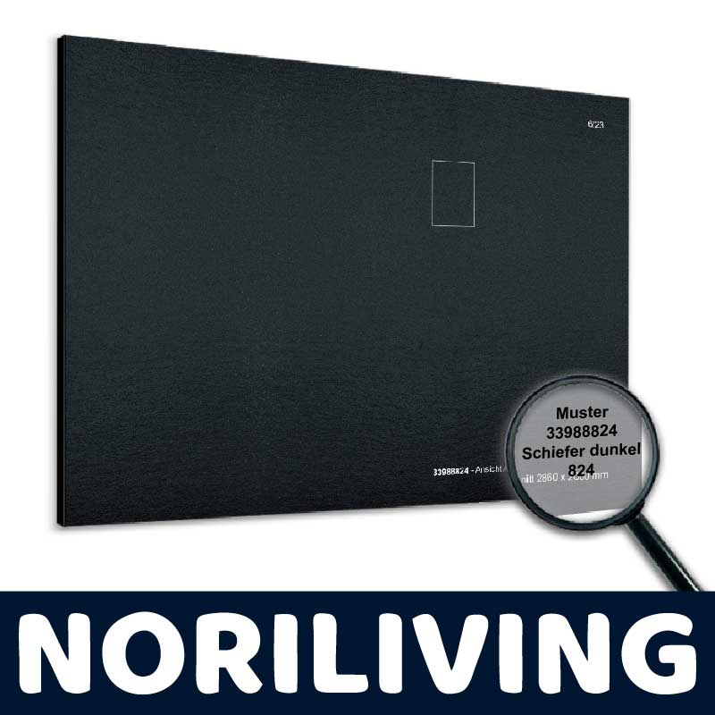 Schieferdunkel Musterplatte 33988824 von NORILIVING Schwarze Musterplatte 33988824, Schiefer dunkel, mit Lupe und der Aufschrift NORILIVING