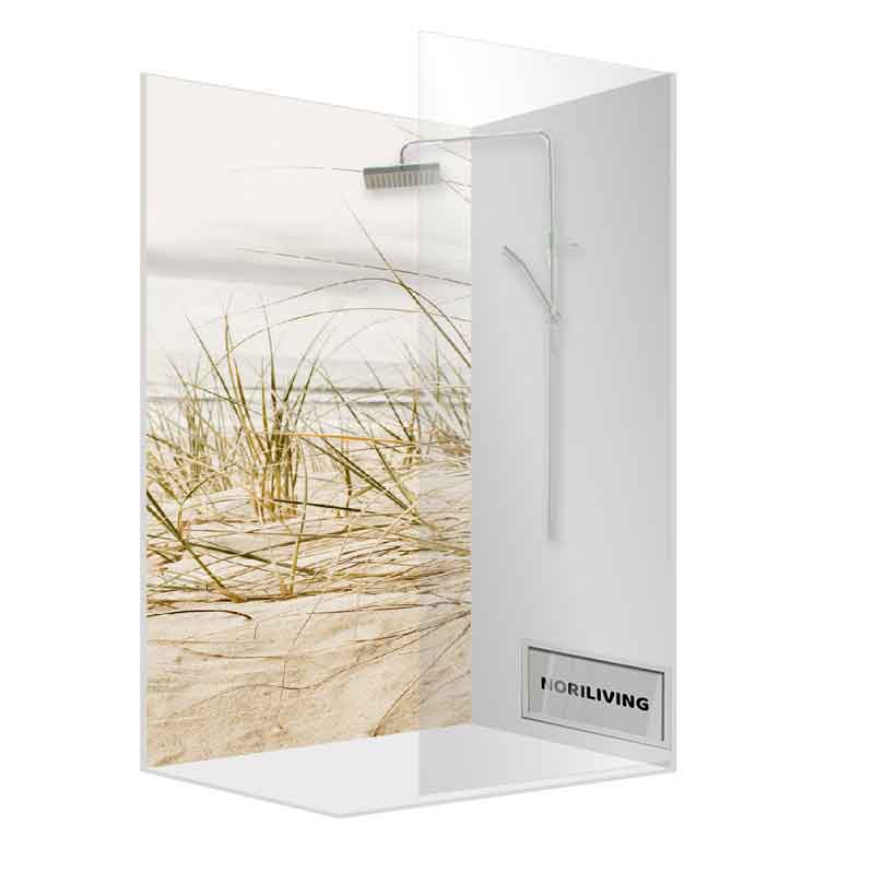 Duschkabine mit Naturmotiv und moderner Regendusche Glas-Duschkabine mit Strandbild und Regendusche von NORLIVING