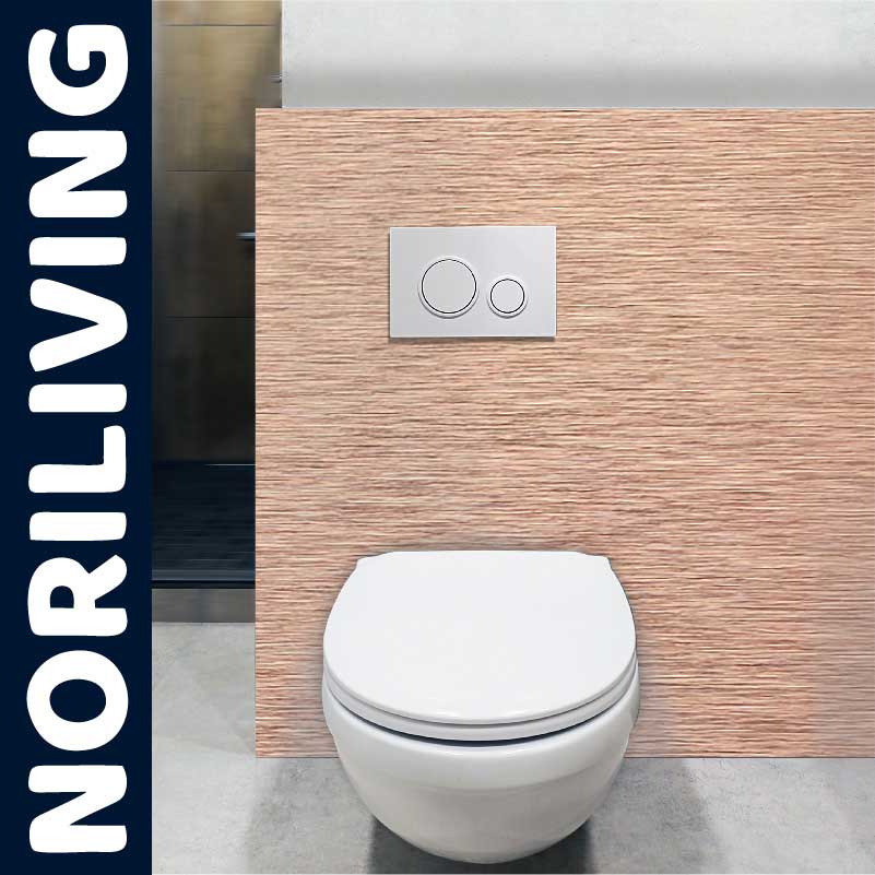 Moderne Wand-WC-Anlage mit Spülsystem Eine moderne Wandtoilette mit Holzverkleidung und integriertem Spülsystem, designorientiert und platzsparend.