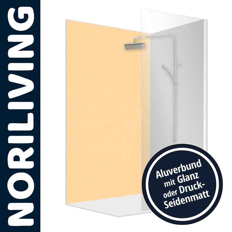 NORILIVING Duschtrennwand mit Aluverbund – Glanz oder seidenmatt Duschtrennwand von NORILIVING aus Aluverbund, erhältlich in glänzender oder seidenmatter Oberfläche