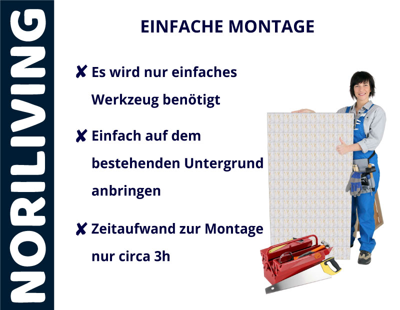 NORILIVING - Einfache Montageanleitung für Wandverkleidung Einfach zu montierende Wandverkleidung mit minimalem Werkzeugaufwand, ca. 3 Stunden Montagezeit