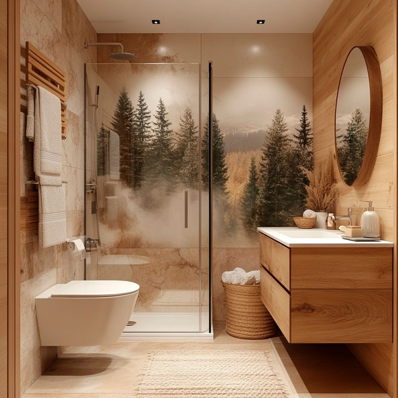 Modernes Badezimmer mit Waldmotiv und Holzakzenten Ein stilvolles Badezimmer mit Dusche, Wandbild eines Waldes, Holzverkleidung und modernen Armaturen
