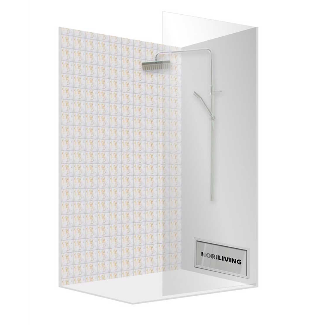 Moderne Duschkabine mit Mosaikfliesen und Regenbrause Stilvolle Duschkabine mit Mosaikfliesen und Regenbrause, ideal für moderne Badezimmer