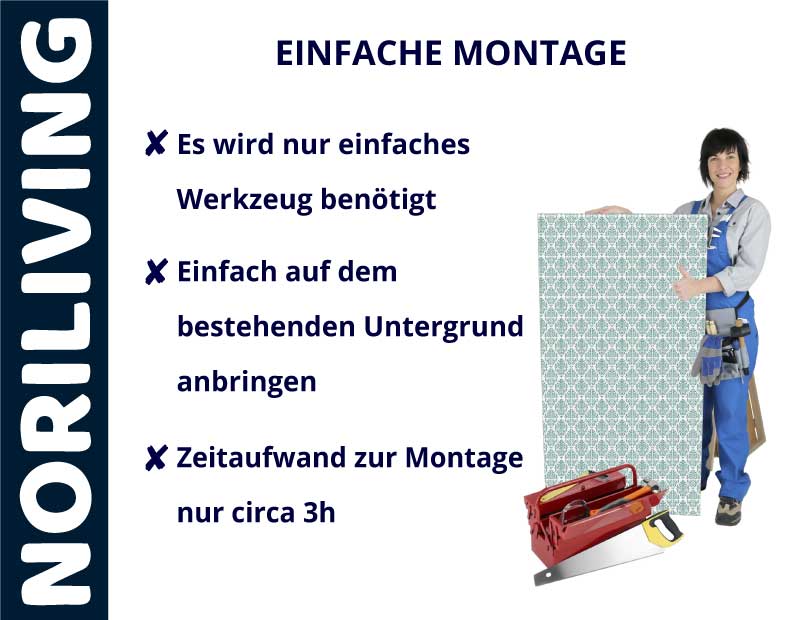 NORILIVING - Einfache Montage mit minimalem Werkzeugeinsatz und ca. 3 Stunden Zeitaufwand NORILIVING Montageanleitung mit Frau, die ein Paneel und Werkzeuge zeigt - einfache Installation in 3 Stunden ohne spezielles Werkzeug