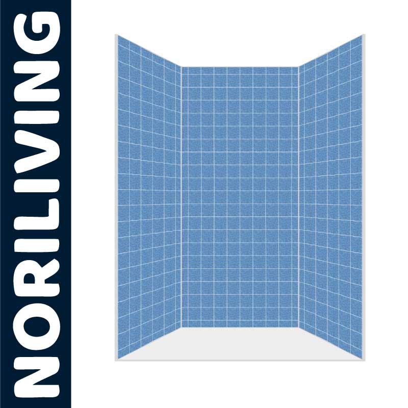 Blaue Duschwandverkleidung mit Kachelmuster von NORILIVING Blaue Duschwandverkleidung mit geometrischem Kachelmuster, NORILIVING-Design