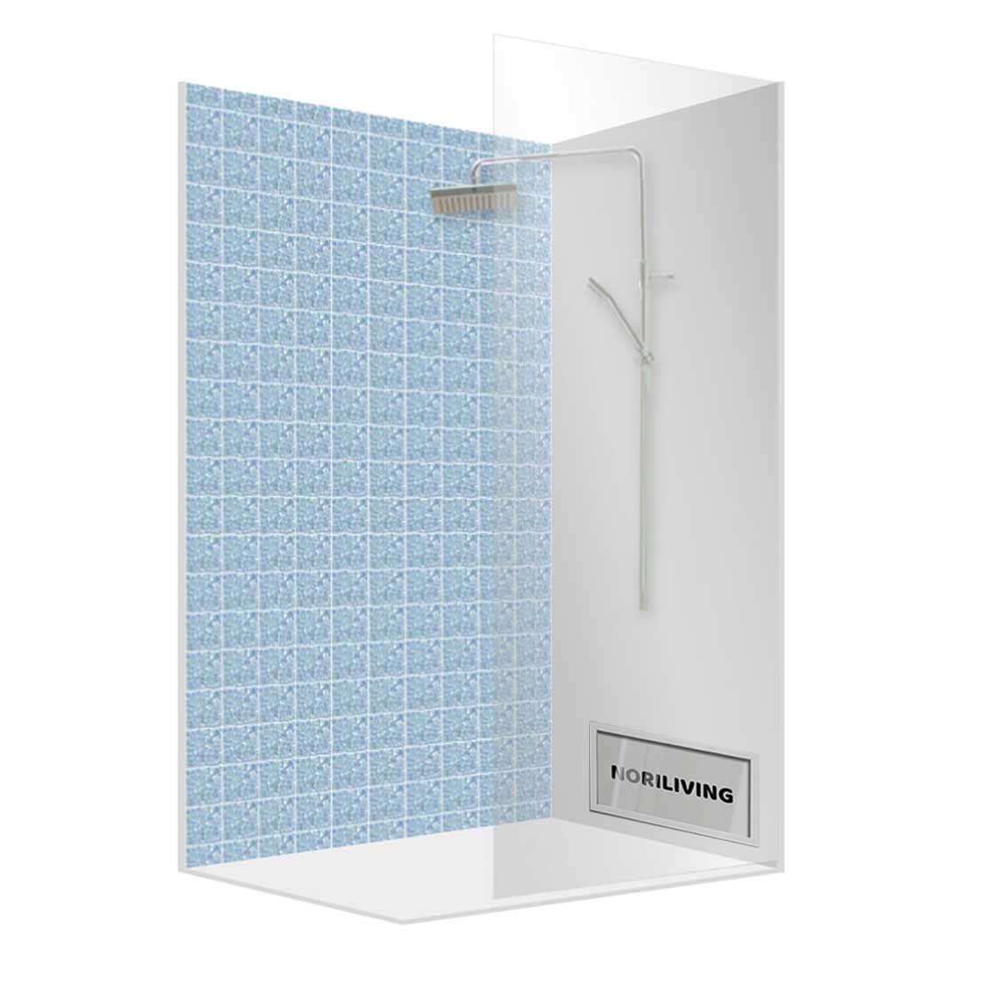 Moderne Dusche mit blauen Mosaikfliesen und Regenduschkopf Eckdusche mit blauen Mosaikfliesen und Regenduschkopf, Marke NORLIVING
