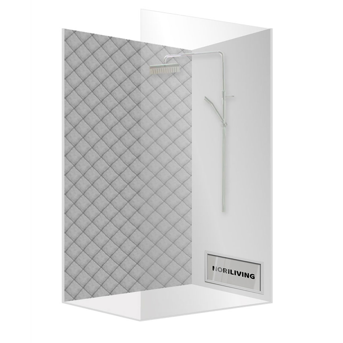 Elegante Duschkabine mit quiltähnlichem Fliesenmuster in Grau und moderner Regenbrause