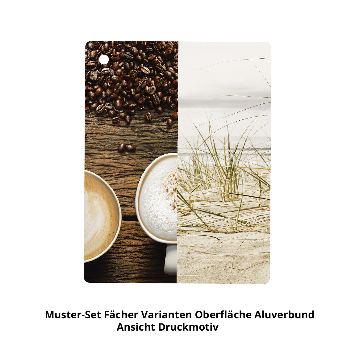Muster-Set für Fächer in Aluverbund mit Kaffee- und Strandmotiv Muster-Set für Fächer in Aluverbund zeigt Kaffeebohnen und Strandmotiv