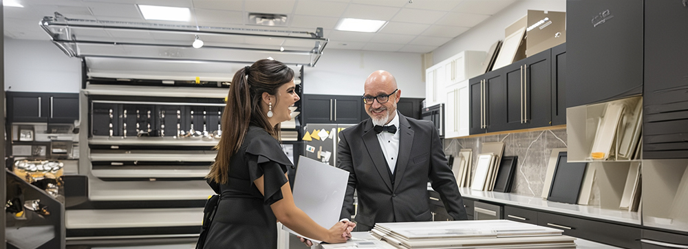 Elegante Beratung in einem modernen Küchenstudio Eine Frau und ein Mann im Anzug diskutieren in einem stilvollen Küchenstudio über verschiedene Designoptionen.