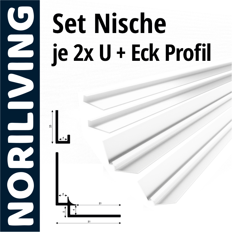 Nischen-Set mit U- und Eckprofilen von NORILIVING Weißes Nischen-Set bestehend aus zwei U-Profilen und einem Eckprofil von NORILIVING mit technischen Skizzen und Maßen.