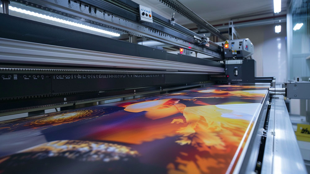 Großformat-Drucker bei der Arbeit in einem Druckstudio Ein moderner Großformat-Drucker druckt ein farbenfrohes Bild in einem professionellen Druckstudio.