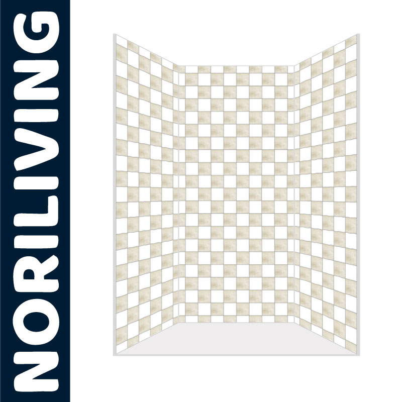 NORILIVING Duschkabine mit Mosaikfliesen-Design Illustration einer NORILIVING Duschkabine mit weiß-beigen Mosaikfliesen